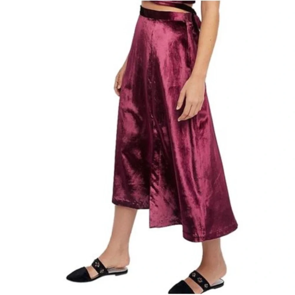 Free People‎ Velvet Party Midi Skirt Front Slit Mulberry Burgundy